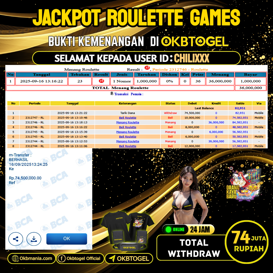 OKBTOGEL JACKPOT ROULETTE GAMES Rp.74.000.000,-LUNAS USER ID CHILI***