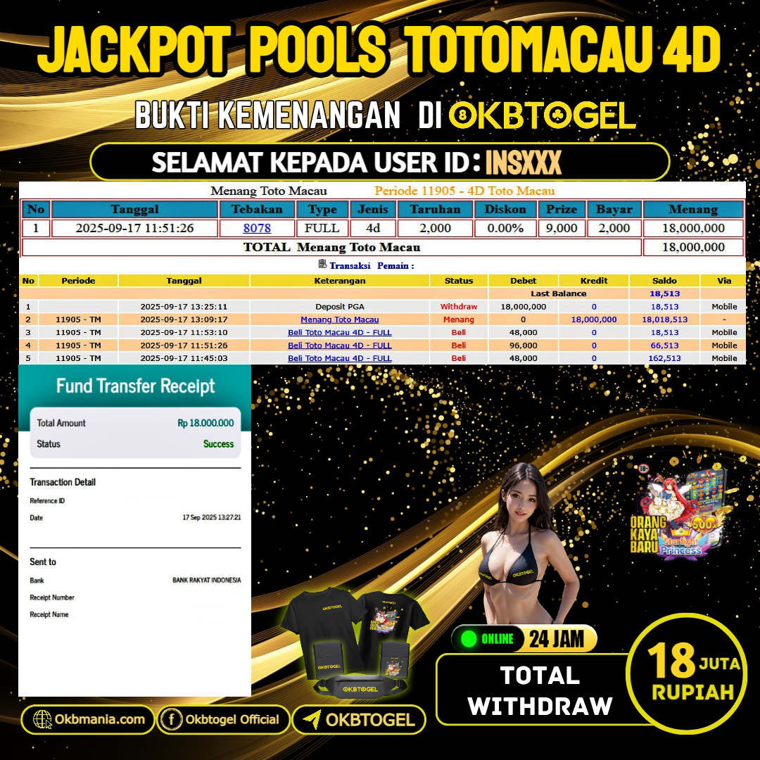 OKBTOGEL JACKPOT TOGEL TOTOMACAU 4D Rp.18.000.000,-LUNAS USER ID INS***