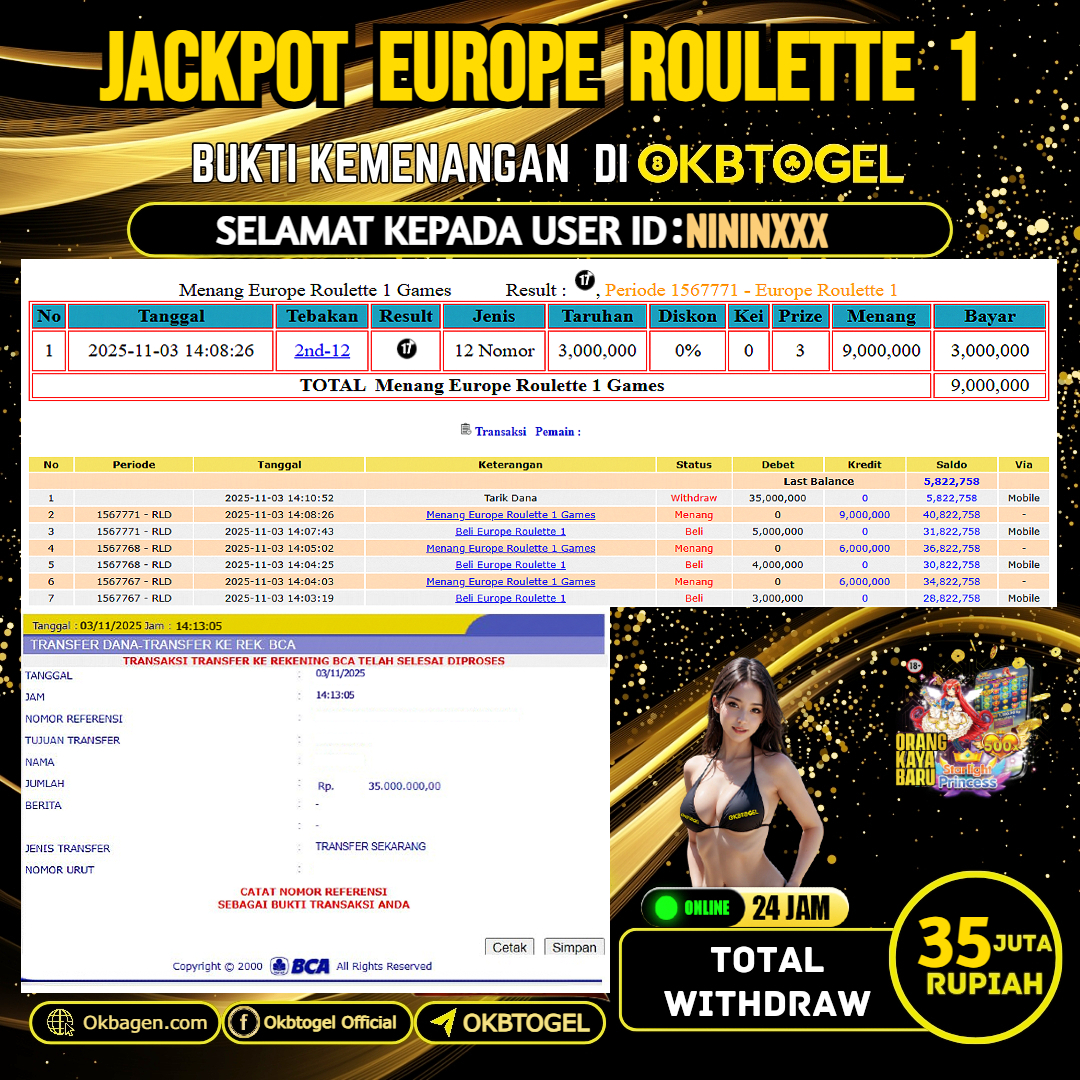   OKBTOGEL JACKPOT EUROPE ROULETTE 1 Rp.35.000.000,-LUNAS USER ID NININ***