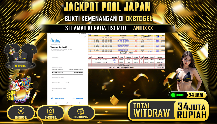 OKBTOGEL JACKPOT POOL JAPAN RP. 34.000.000,- LUNAS USER ID ANDI***