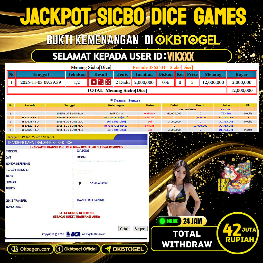  OKBTOGEL JACKPOT SICBO DECE GAMES Rp.42.000.000,-LUNAS USER ID VIK***