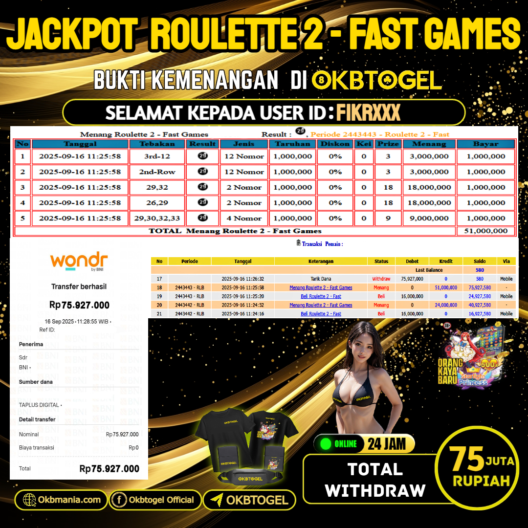 OKBTOGEL JACKPOT ROULETTE 2 - FAST GAMES Rp.75.000.000,-LUNAS USER ID FIKR***