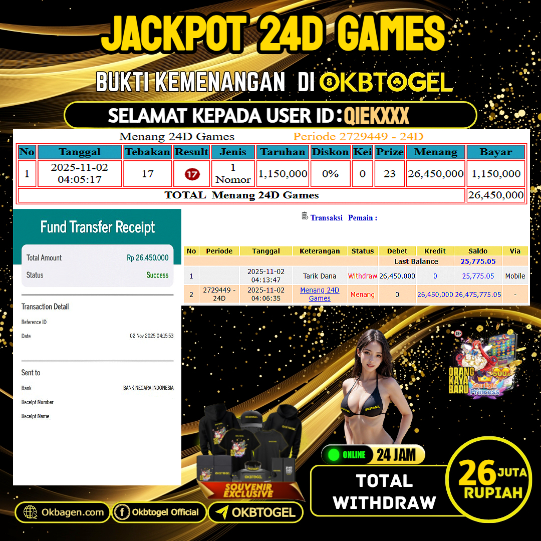  OKBTOGEL JACKPOT 24D GAMES Rp.26.000.000,-LUNAS USER ID QIEK***